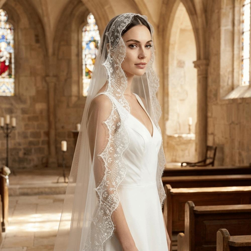 2M Long Bridal Headscarf Lace Edge Muslin Head Covering Elegant Wedding Veil  Cathedral Wedding
