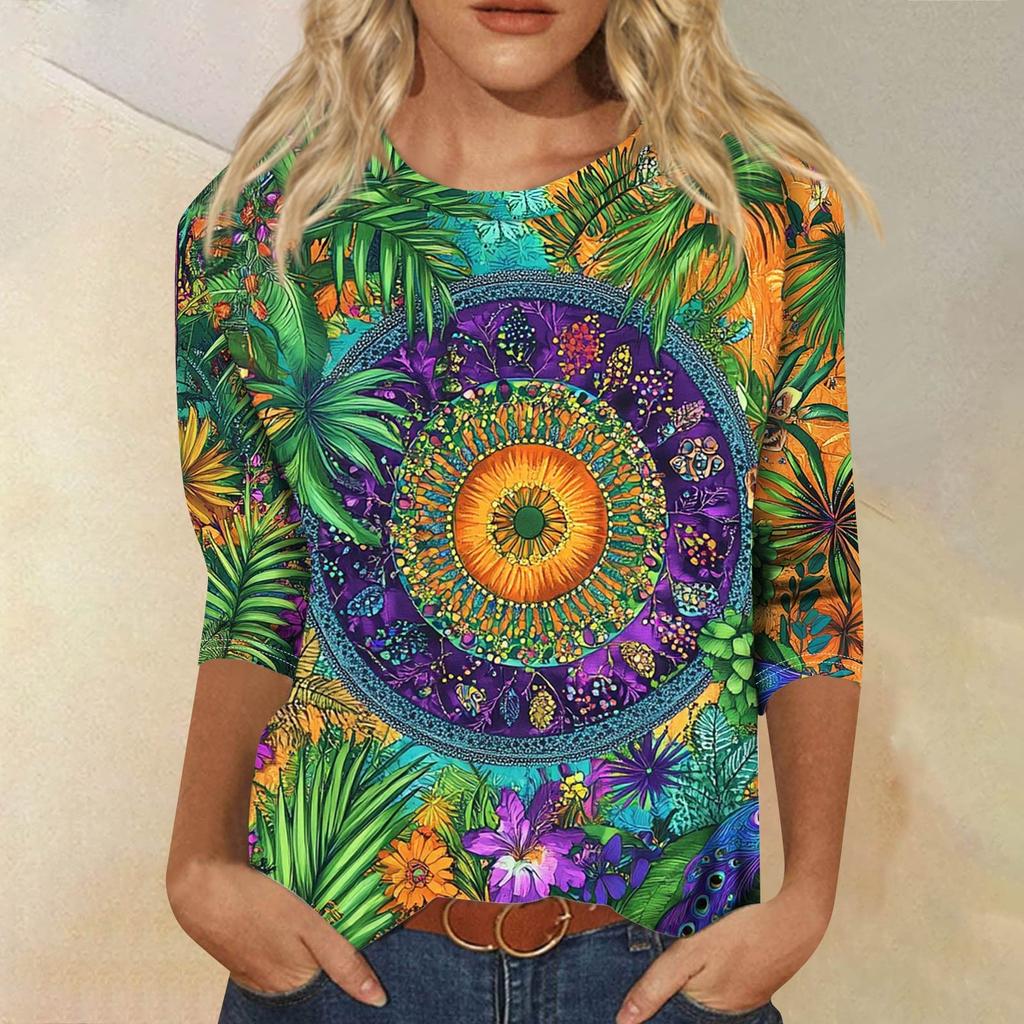 Женская модная повседневная свободная футболка с круглым вырезом и рукавами 3/4 с принтом, женский топ