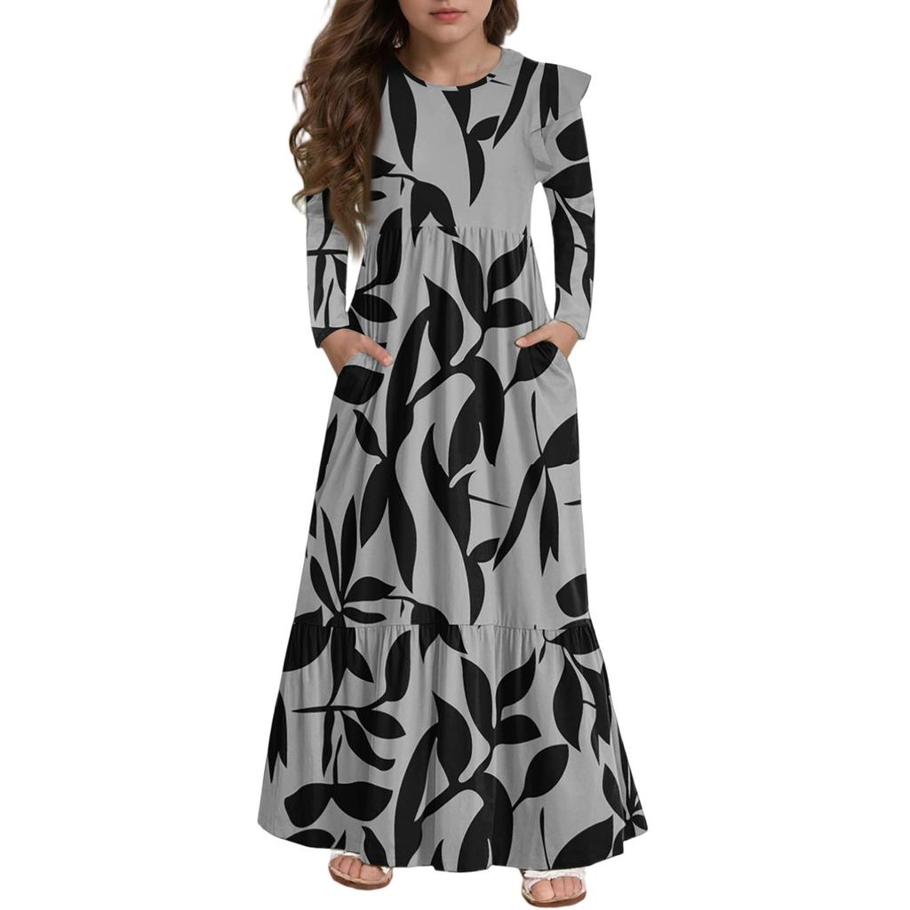 Платье с многоярусными оборками для девочек - Макси с длинным рукавом и принтом, с карманами