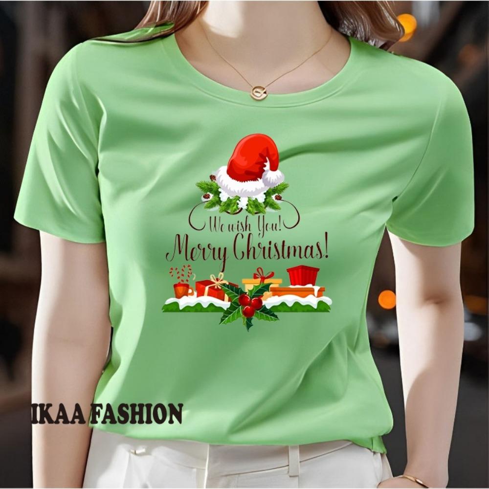 Ladies' Christmas Element Pattern Printed T-shirt - Short Sleeve Round Neck Casual Top