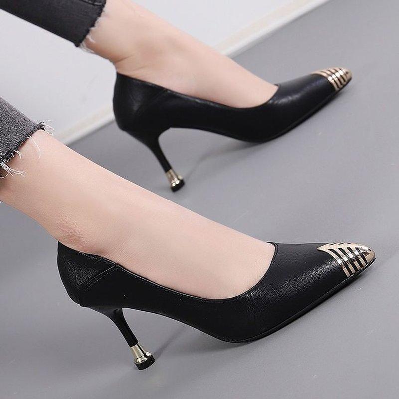 COZOK One Pedal Beige Thin Casual Black High Heels 34-40 Yards Office Shoes Women's Black Pointed Metal Stilettos Stilettos