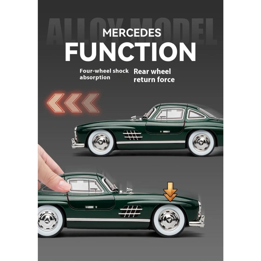 Масштаб 1/24 Классический автомобиль Benz 300SL Металлическая литая модель автомобиля со звуком и светом Коллекционирование Хобби Настольное декоративное украшение Подарок