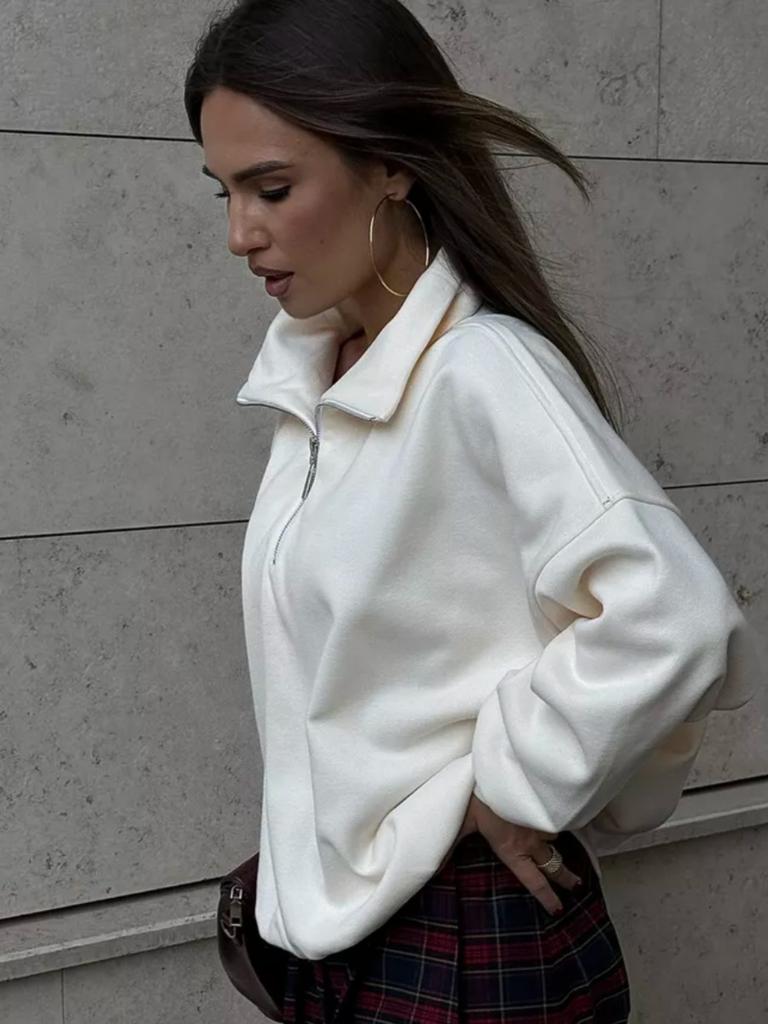 Однотонная верхняя одежда на половину молнии со стойкой воротником, модный трендовый свитшот с лацканами, свободный топ