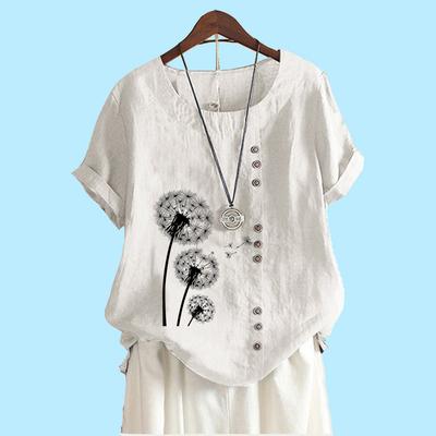Женская мода с коротким рукавом, хлопковая льняная блузка, лето и осень, мода, цветочный принт, свободная футболка