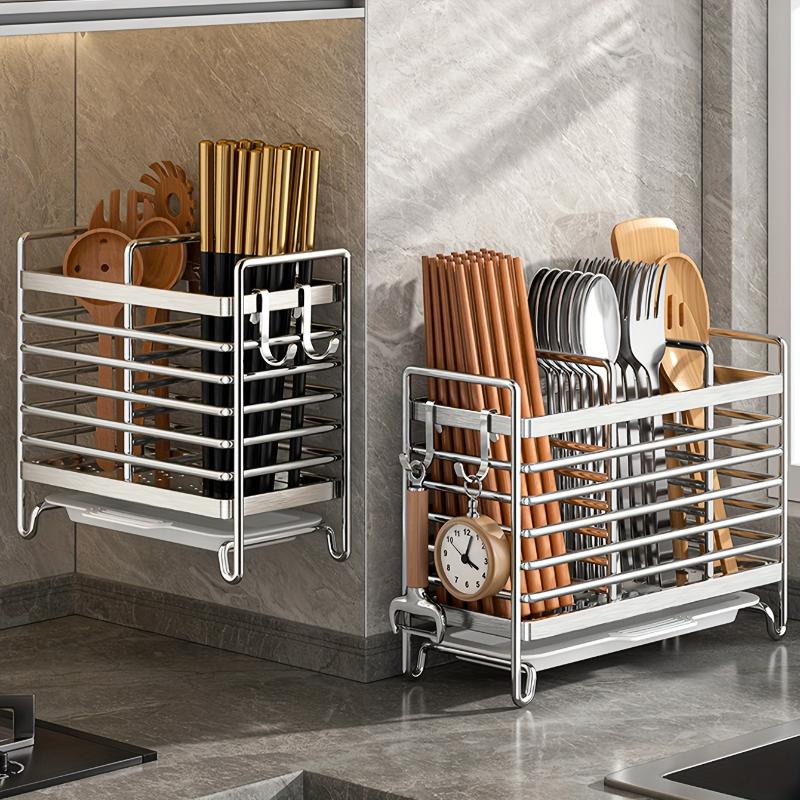 No-Drill Kitchen Cutlery Holder Wall Mounted Stainless Steel Space-Saving Sturdy Utensil Organizer for Apartment Rental