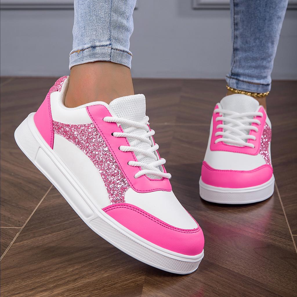 MCTIN White Shoes Women's PU Leather Sports Shoes Flats Black Sequined Sneakers Plus Size 35-42