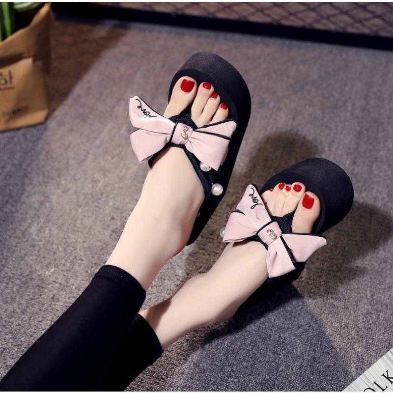 Женские шлепанцы на каблуке 6 см, женские туфли, черная платформа, мягкая подошва, танкетка, тапочки, повседневные женские сандалии с бантом, шлепанцы