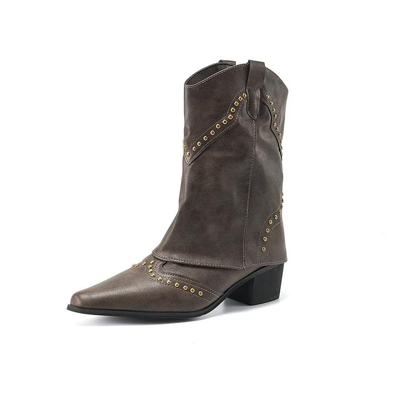 Shoes for Women 2024 Winter Fashion Solid Sleeve Ankle Boots Cowboy Western Pointed Toe Punk Knight Boots Zapatos De Mujer