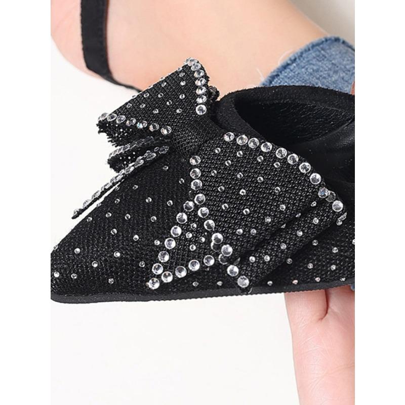 Элегантные босоножки на высоком каблуке с острым носком и украшением в виде банта, маленького размера, со стразами для женщин, лето 2025, новинка, босоножки-стилетто