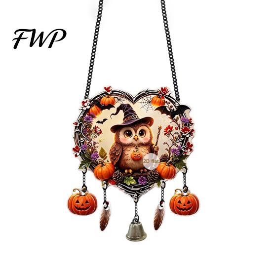 Halloween Wall Hangings Acrylic Love Heart Wreath Ornament, Cartoon Owl Ghost Witch Festive Hanging Decoration Skeleton Decor, Party Pendant with Bell