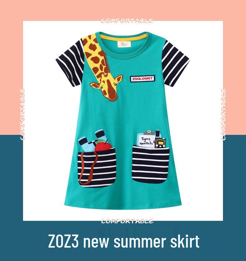Летнее платье для девочек с коротким рукавом А-силуэта с вышивкой жирафа на длинной шее
