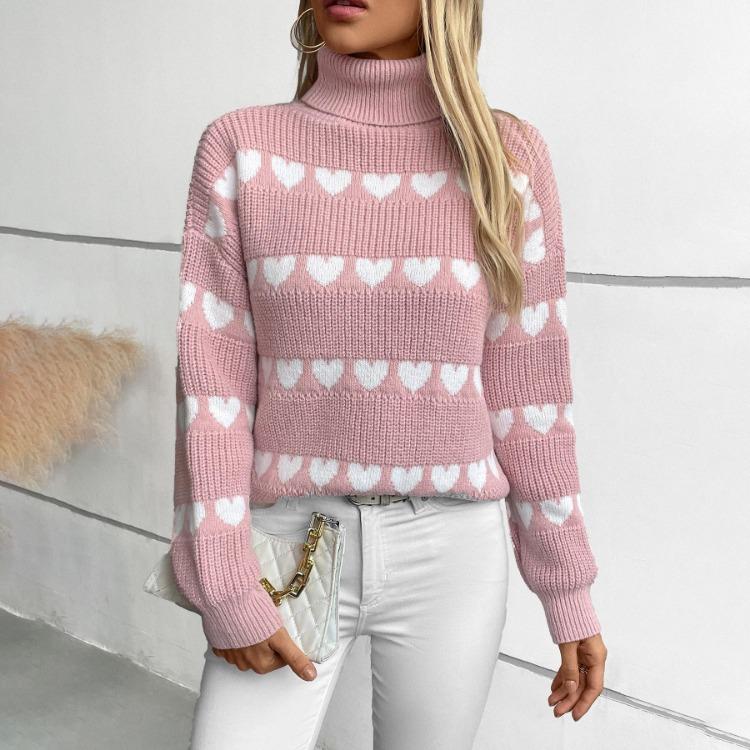Vintage Heart Print Loose Knitwear Cardigan Stand Collar Sweater Long Sleeve Top for Autumn Winter