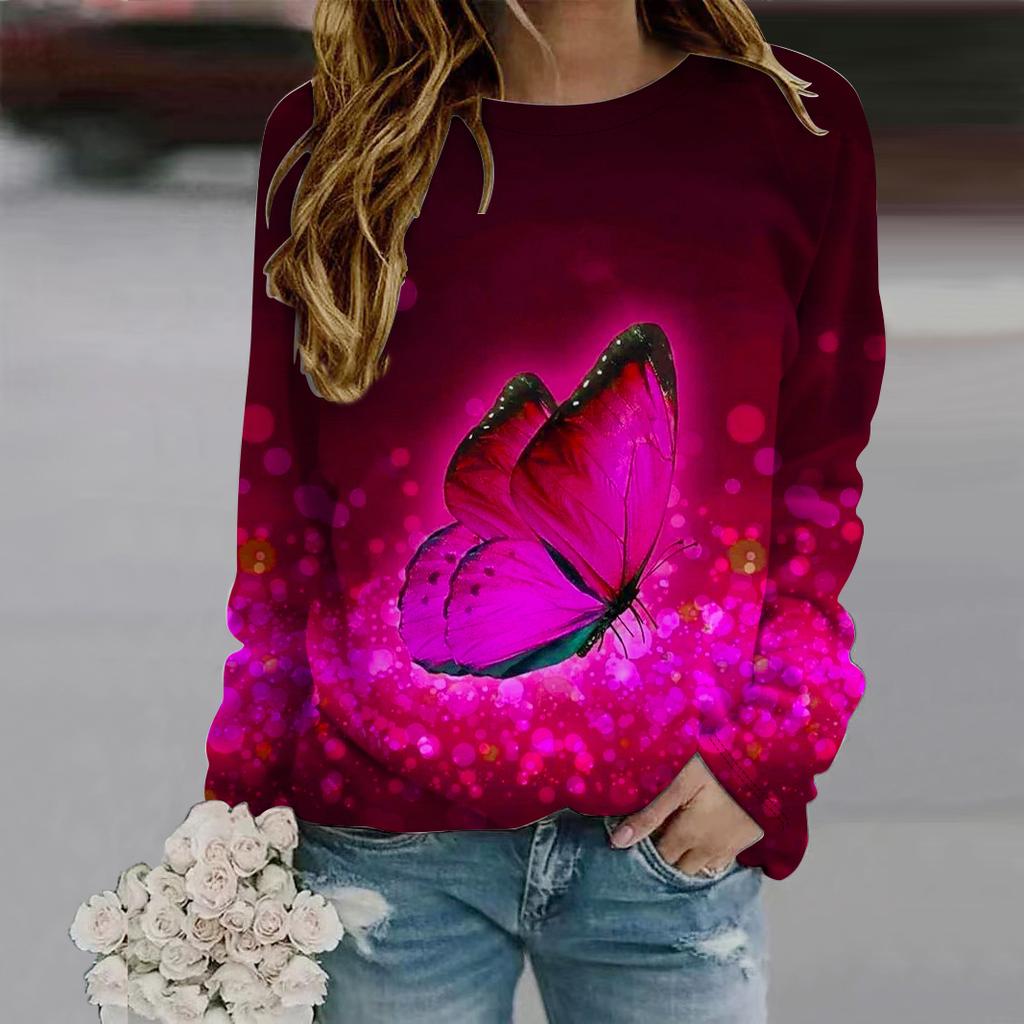 Fall Autumn Women'S Fashion O Neck Long Sleeve T-Shirt Loose Clothes Blue Butterfly Print T Shirt For Girls Street