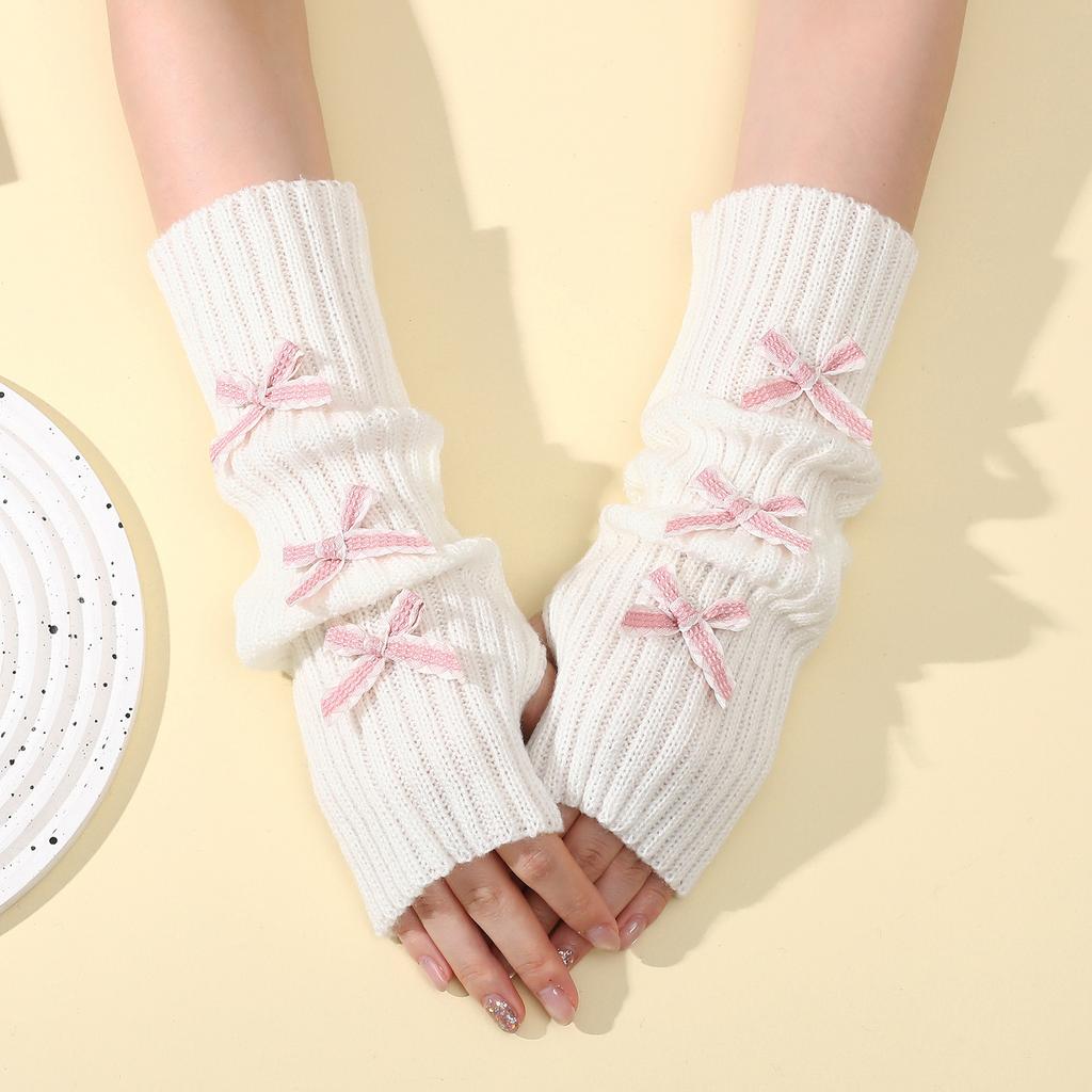 Bow Gloves for Women In Autumn and Winter Knitted Warm College Style Mid Length Stacked Sleeves Fingerless Arm Sleeves