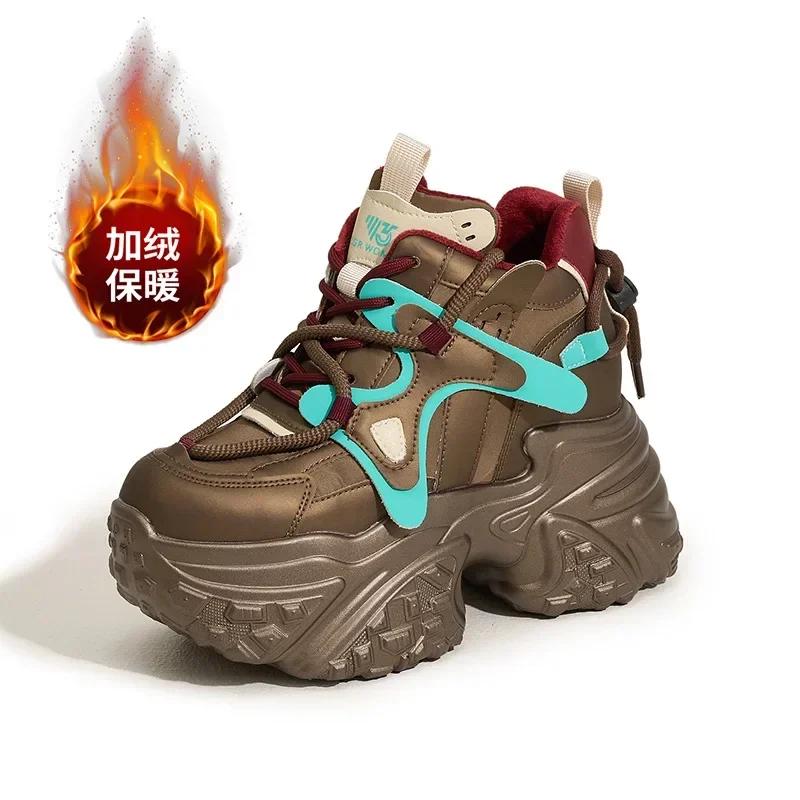 Fashion 9CM Microfiber Leather Women Chunky Sneakers Platform Wedge Loafer Flats Winter Autumn Warm Vulcanize Loafer Mixed Color Shoes