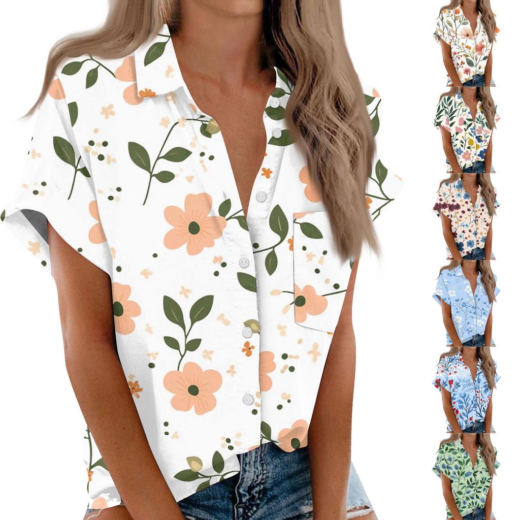 Women's Short Sleeved Shirt, Daily Fashion Printed Button Top, Chest Pocket Cardigan