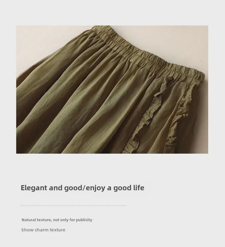 Trendy Cotton-Linen High-Waisted A-Line Skirt: Mid-Length with Ruffled Edges for a Slimming, Drapey Fit.