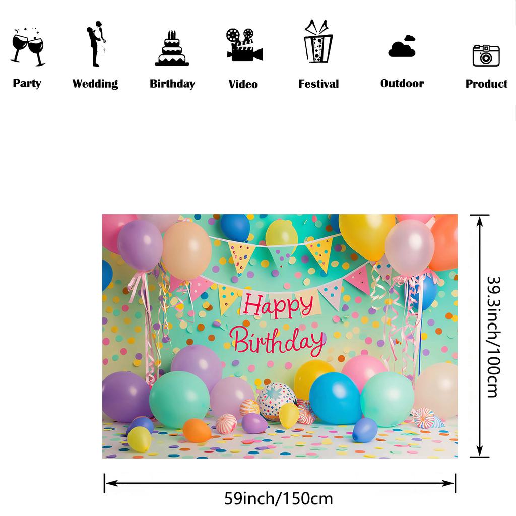 Happy Birthday photo booth background cloth - Bright balloon and cake patterns, for ladies' celebration parties
