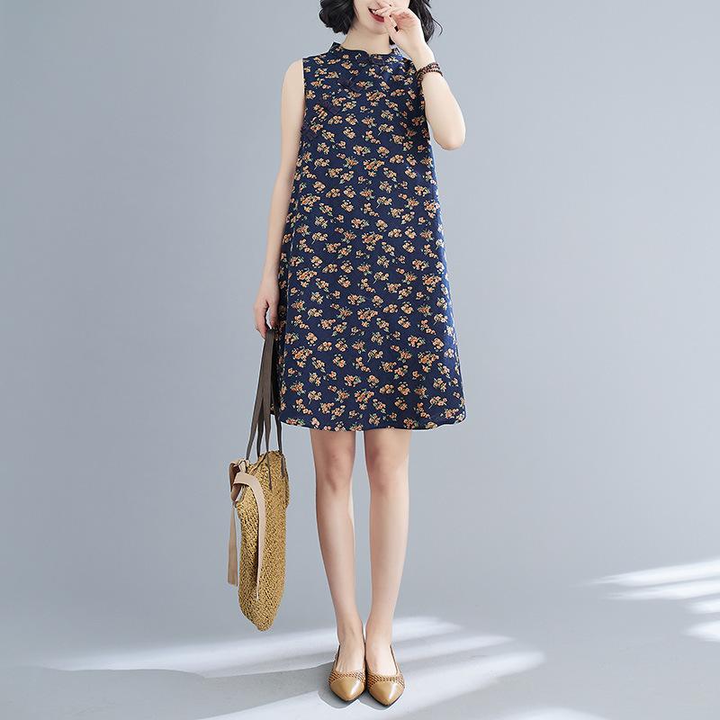 Летняя женская китайская ретро улучшенная юбка-ципао с дисковой пряжкой, свободное хлопковое и льняное платье без рукавов с принтом