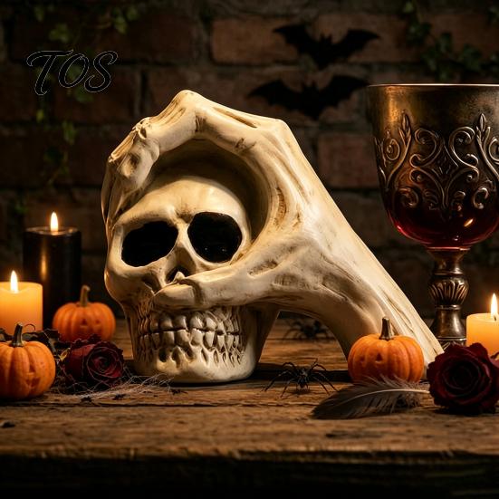 Dark Style Desktop Decoration Halloween Skull Hand Sculpture, Gothic Skeleton Head Figurine, Spooky Resin Creative Tricky Festival Gift for