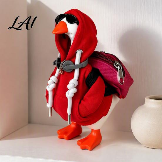 Easy to Wear Statue Clothes 7 Inch Desk Goose Outfits Red Hoodie Sunglasses Necklace Backpack Headset Clothing for Mini Desktop Clothes Accessories