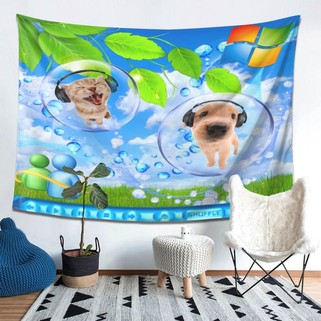 Y2K Retro Windows XP Funny Cat and Dog Tapestry Millennium Style Bubble Earphones Cat and Dog Anime Style