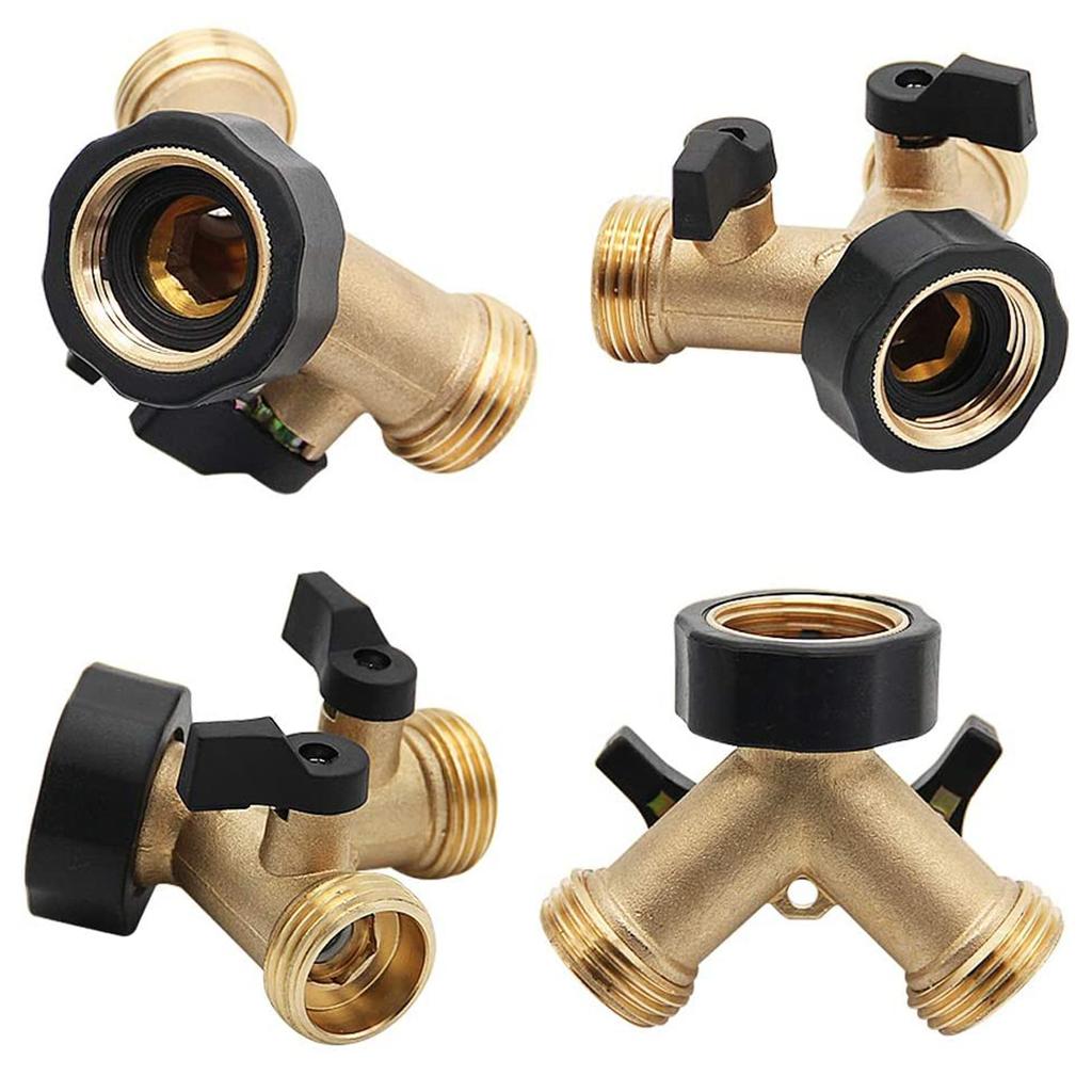 2-way Y-type Hose Splitter Garden Hose Distributor Brass Hose Tap Adapter with 2 Valves ADM
