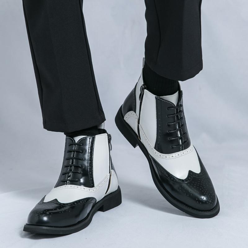 Men Brogues Boots Motorcycle Casual Ankle Boots Wingtip Dress Formal High Top Black White Leather Boots Over Sized