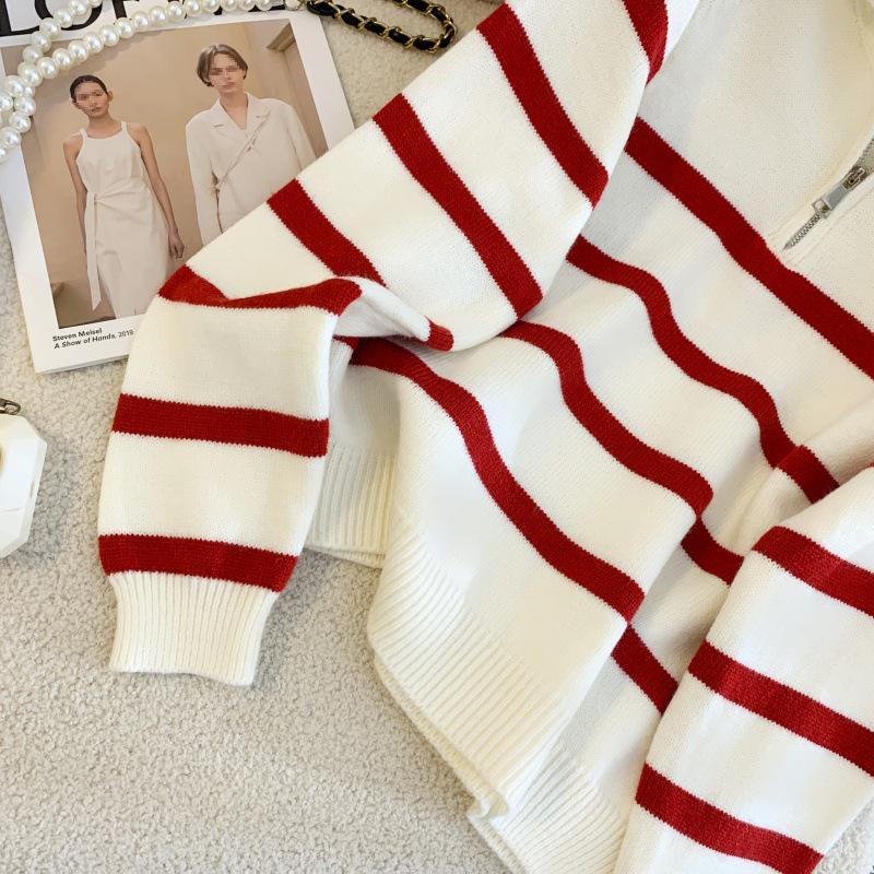 High-Quality Korean-Style Trendy Knit Zipper Sweater for Women – Blue Striped, One Size