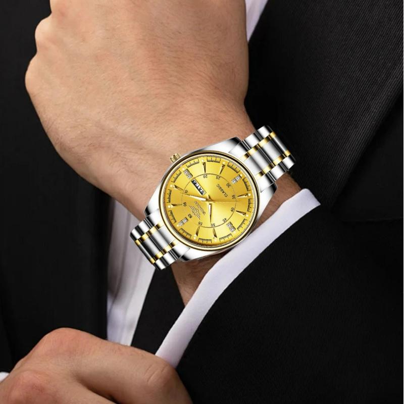 Fashionable Men's Quartz Watch Stainless Steel Timer Waterproof Night Light Dual Calendar Men's Quartz Watch
