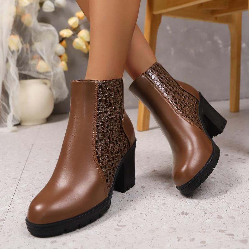 Fashion British Style Round Toe White High Heel Boots Women's Short Boots