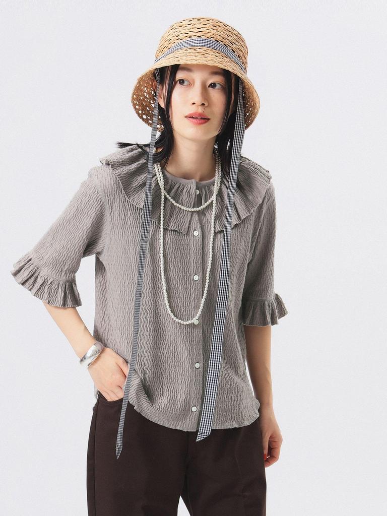 Beams Boy S/S Tee Jacquard Ruffle Gathered Short Sleeve Women's LT.GREY FREE