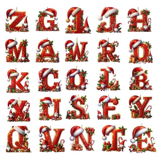 Красные инициалы Рождественские украшения 2D акриловые персонализированные гномы монограммный кулон с шапкой Санты 26 букв украшение для подвешивания на рождественскую елку