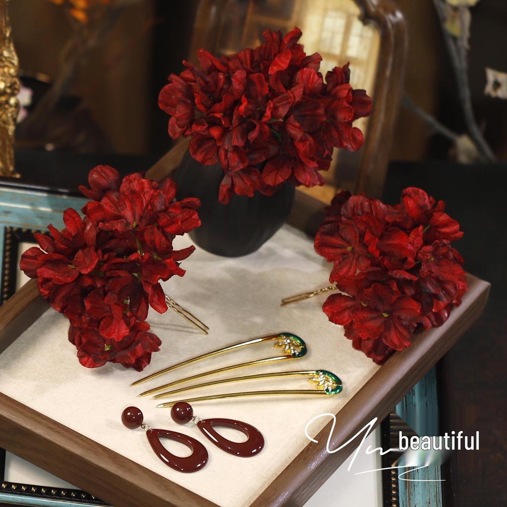 Ретро Заколка для волос в виде цветка из ткани винного цвета - Головной убор в классическом китайском стиле