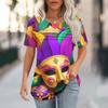Women's Carnival Mask Print Short Sleeve Loose Round Neck Pleated Top
