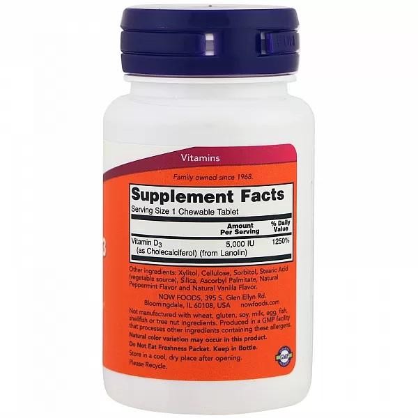 Now Foods Vitamin D-3 5000 IU,  CHEWABLE MINT, 120 LOZ