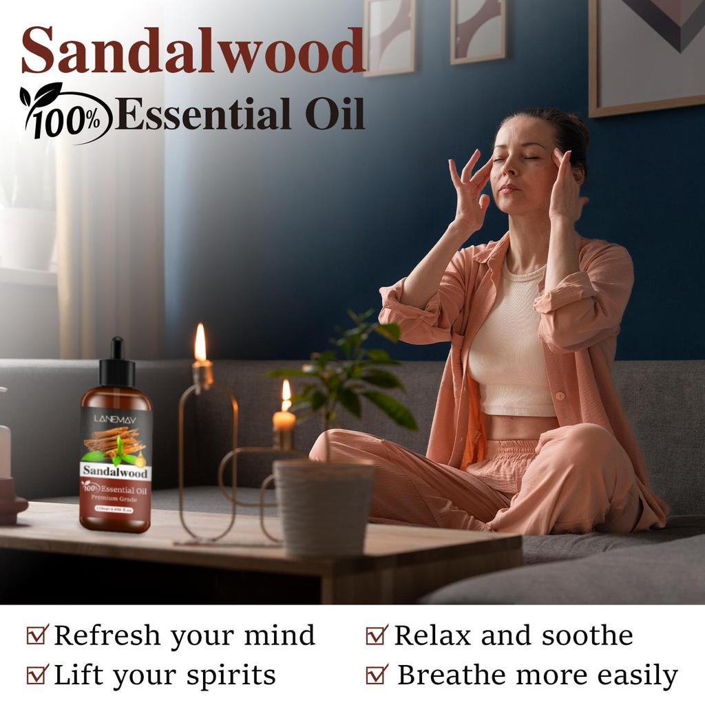 Эфирное масло сандалового дерева для ухода за волосами и кожей - очищает и успокаивает кожу, улучшает состояние грубой и потрескавшейся кожи, сохраняет кожу мягкой и свежей, 120 мл