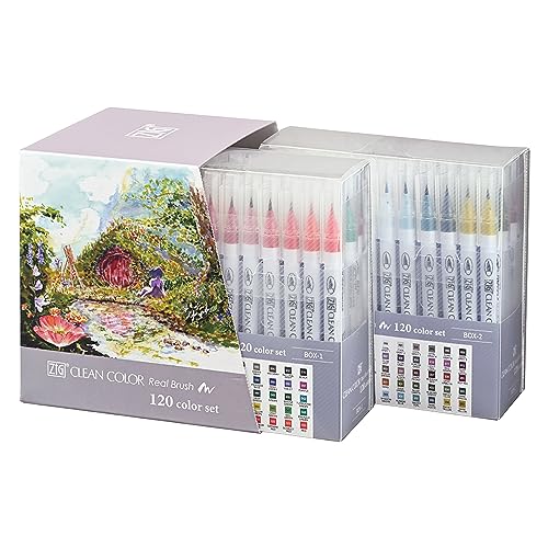 Kuretake Zig Clean Color Real Brush 120 Colors Set, Brush Tip Marker Pens, for Professional and Artist, Coloring, Drawing, Calligraphy, Lettering, Mad