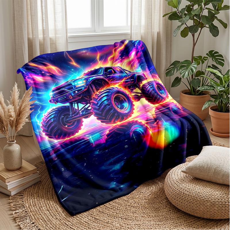 Neon Monster Truck Theme blanket Lightweight Warm Flannel Blanket Decorative Throw Blanket for Home Decoration