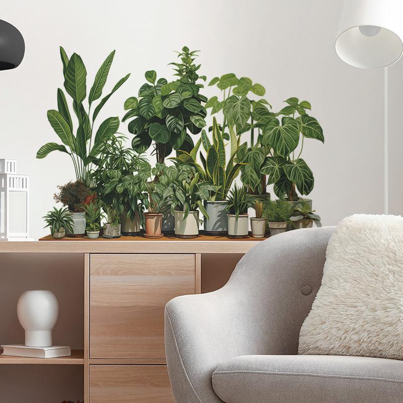 Тропическая зелень в горшках Наклейки на стену 3D Наклейки в виде листьев черепашьего панциря Для декора стен Спальня Гостиная Настенный ландшафтный декор