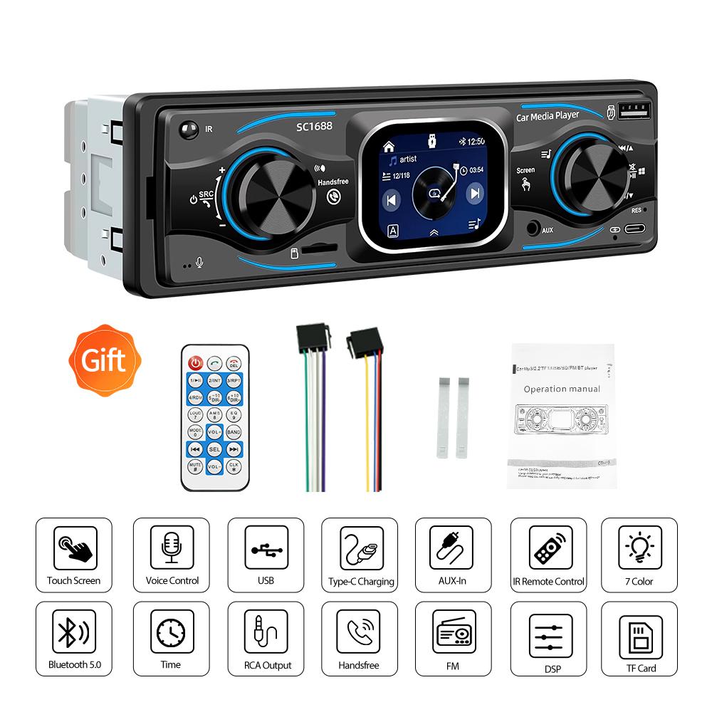 2026 Портативное 1DIN Автомагнитола MP3 Плеер Сенсорный Экран Авто Радио в приборную панель Bluetooth USB/SD/AUX-IN Цветная Подсветка DSP с Голосовым Помощником Отображение Времени