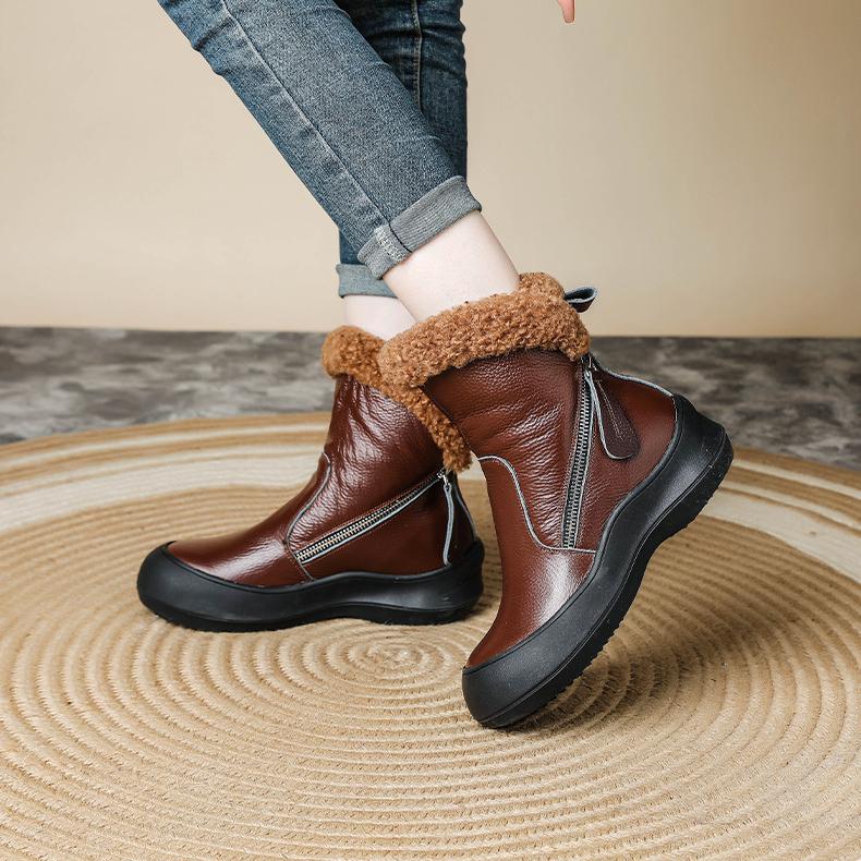 Women Winter Fashion Warm Plush Genuine Leather Women's Boots With Anti Slip Soft Sole Comfortable Side Zipper Short Boots
