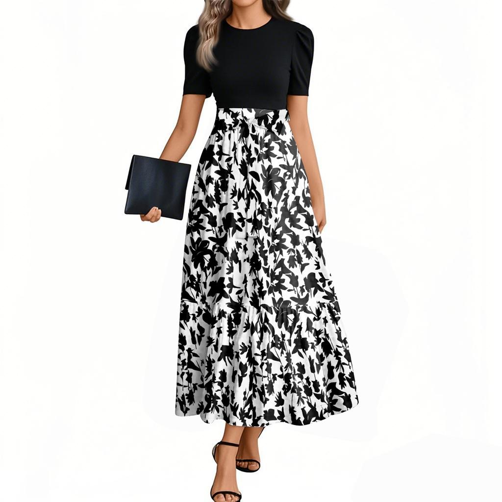 Women's Fashion Casual Belt Short Sleeve Round Neck Retro Printed Splicing Elegant Temperament Dress
