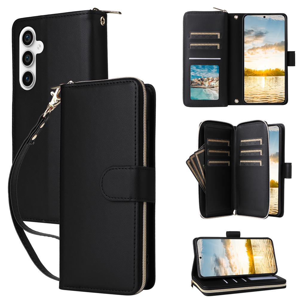 For Samsung Galaxy S25 FE Case 9 Card Slots Zipper Pocket PU Leather Phone Cover with Wrist Strap