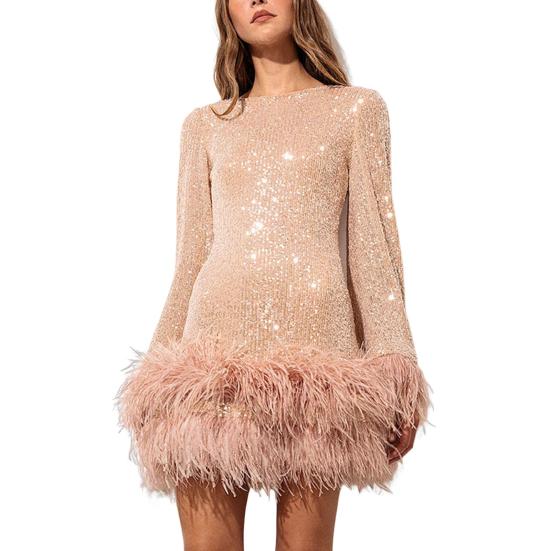 Женское вечернее платье с тонкой талией, пайетками и перьями, открытая спина, длинные рукава O