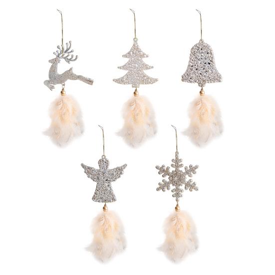 Рождественское украшение на елку Снежинка Плюшевая подвеска Подвеска для елки с перьями Пайетки Колокольчики Зимний новогодний декор для вечеринки
