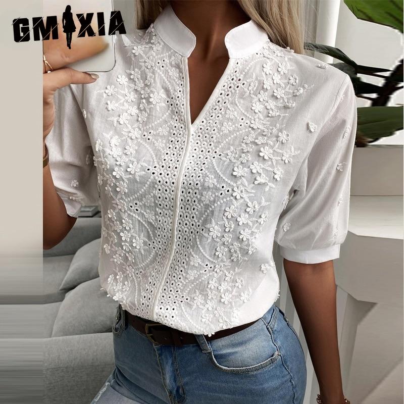 GMXIA Женские модные повседневные однотонные блузки и рубашки с v-образным вырезом и коротким рукавом с принтом