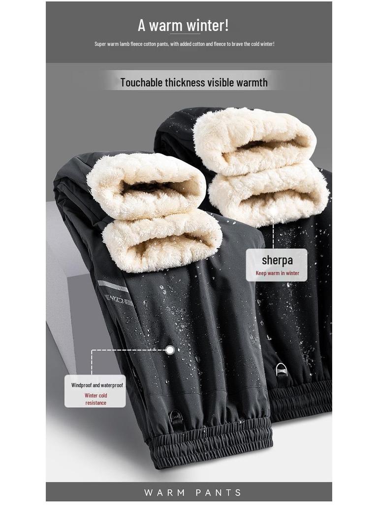 Men's Winter Waterproof Thickened Padded Pants - Straight Leg, Lambswool Lined, Plus Size, Casual Outerwear