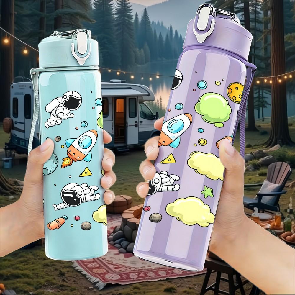 1PC Colorful Planet Star Doodle Pattern 750ml Color Plastic Sports Water Bottle Leakproof Flip Straw Lid Suitable for Sports Office Home Use