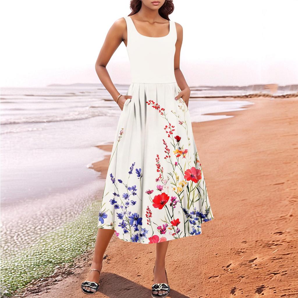 Women's Summer Spring Casual Floral Sundress Sleeveless Beach Vacation Flowy Boho Tank Midi Dresses